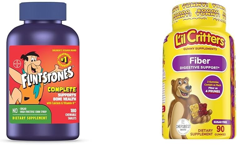 Flintstones Vitamins Chewable Kids Vitamins, Complete Multivitamin & L’il Critters Fiber Daily Gummy Supplement for Kids, for Digestive Support, Berry and Lemon Flavors, 90 Gummies