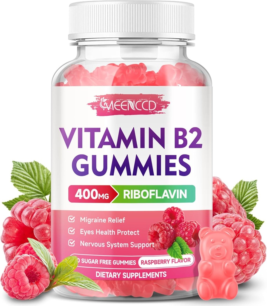 Vitamin B2 Gummies Riboflavin 400mg Supplement with Magnesium for Kids & Adults, B2 Gummies for Migraine Relief & Nervous System Support, Vegan, Sugar-Free, Raspberry Flavor, 60 Count