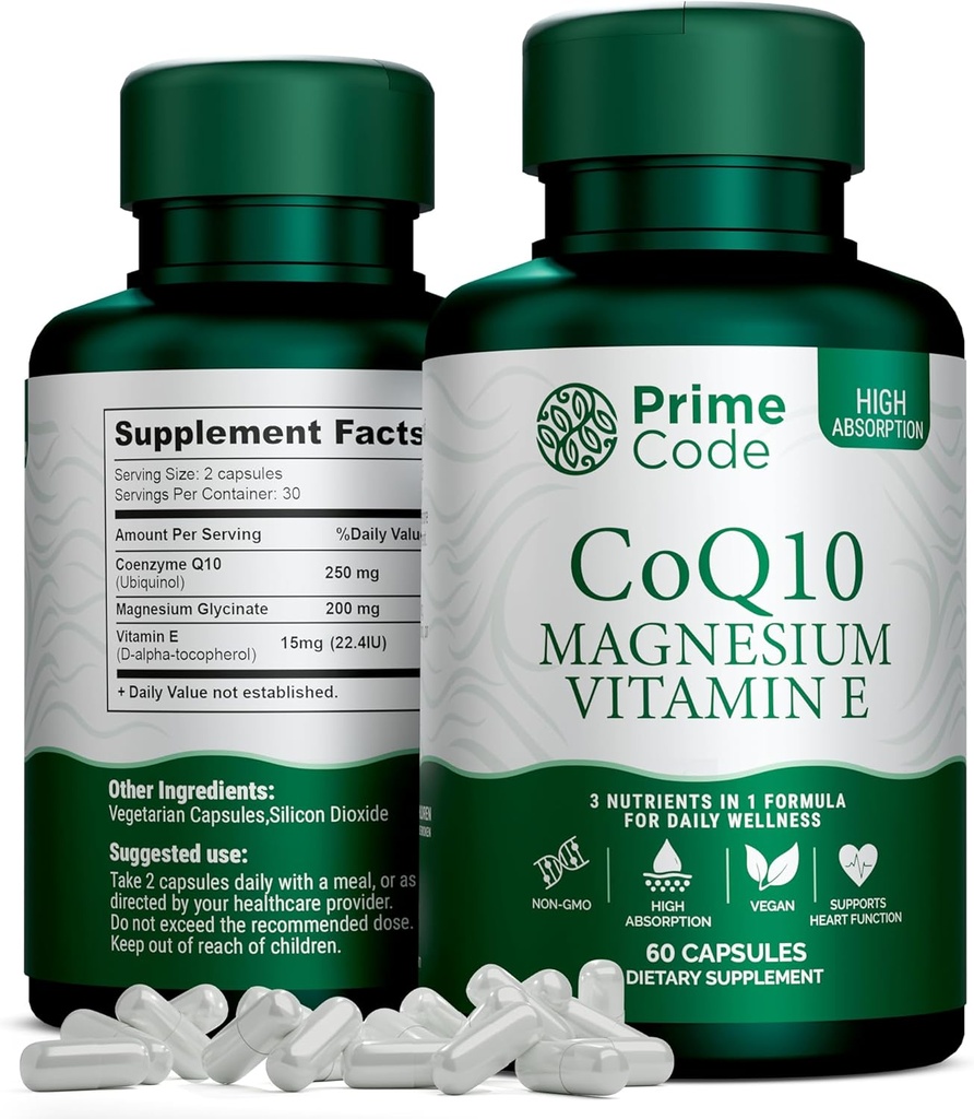 Prime Code [ 3 𝐢𝐧 𝟏] CoQ10 250mg with Magnesium Glycinate and Vitamin E | CoQ10 Capsules 250mg | Magnesium Glycinate 200mg | Vitamin E 15mg | Non-GMO | Gluten & Soy Free | Vegan