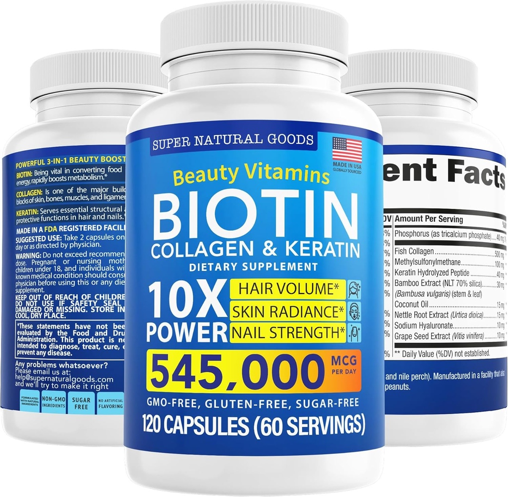Biotin and Collagen Vitamins + Keratin with Folate - Hair Loss Treatments for Women & Men - Follicle, Skin and Nail Supplements for Hair Growth & Postpartum Support - GMO Free & Gluten Free (120 Caps)