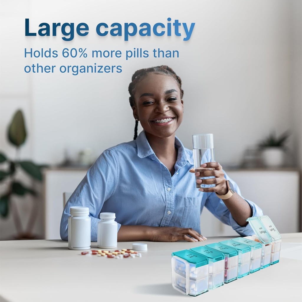 Extra Large Pill Organizer 2 Times a Day – XL Pill Box 7 Day with Big AM/PM Compartments – Fits Large Vitamins, Supplements & Gummies, for 7 or 14-Day Use, Color-Coded, Senior-Friendly, No Spills