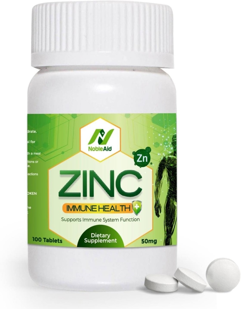 Zinc Supplements 50mg, Powerful Antioxidant, Gluten Free Immune Support by NobleAid, 100 Count Zinc Gluconate 50mg Tablets for Men and Women, Highly Absorbable, and Promotes Healthy Skin and Muscle