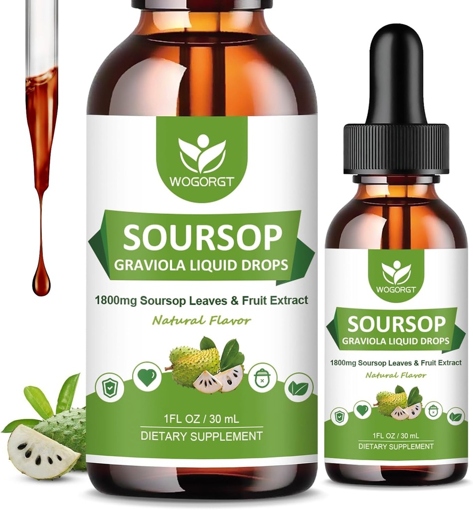 (2 Pack) Soursop Graviola Liquid Drops - 1800mg Soursop Extract - High Absorption Sour sop Bitters Liquid for Cell Support & Regeneration, Immune Support, Antioxidant, Relaxation, Sugar Free - 1 Fl Oz
