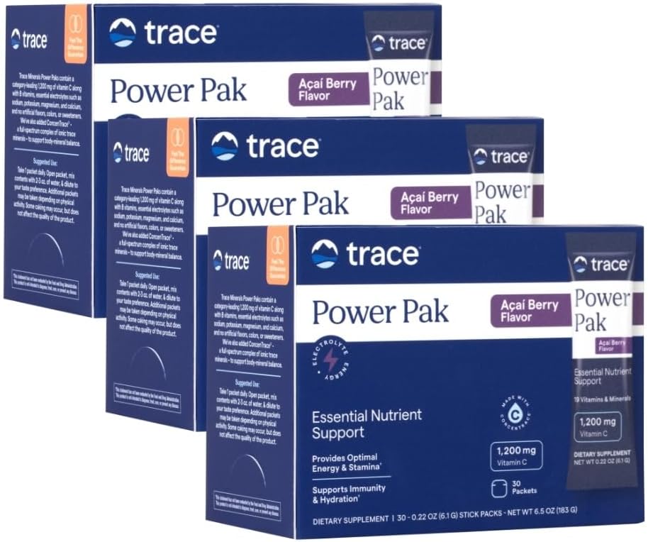 Trace Minerals Power Pak Multivitamin and Multimineral Packets - Electrolyte Support - 1200 mg Vitamin C Plus 70 Acai Berry Flavor - 90 Packets