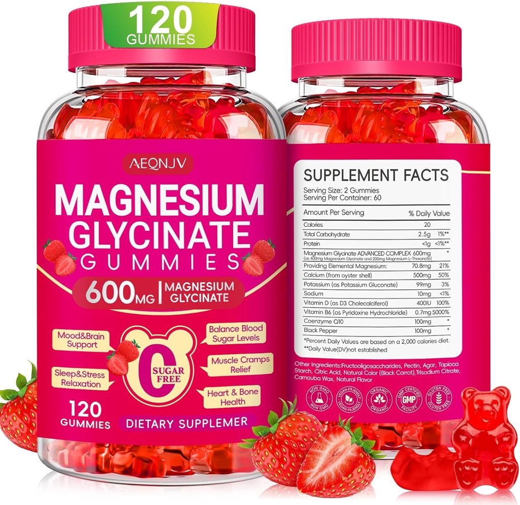Magnesium Glycinate Gummies 600mg, Chewable Sugar Free Potassium Magnesium Gummies with Magnesium Glycinate, Vitamin D, B6 and CoQ10 for Sleep, Relaxation, Brain and Muscle, 60 Days Supply