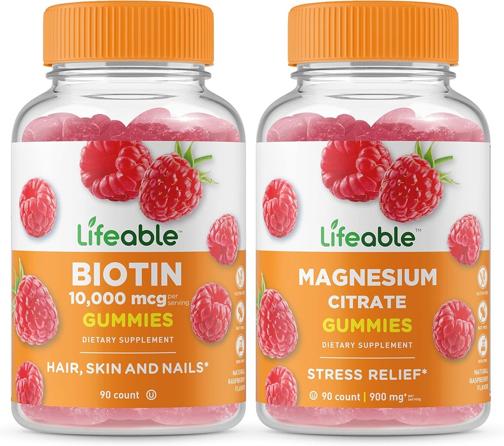 Lifeable Biotin + Magnesium, Gummies Bundle - Great Tasting, Vitamin Supplement, Gluten Free, GMO Free, Chewable