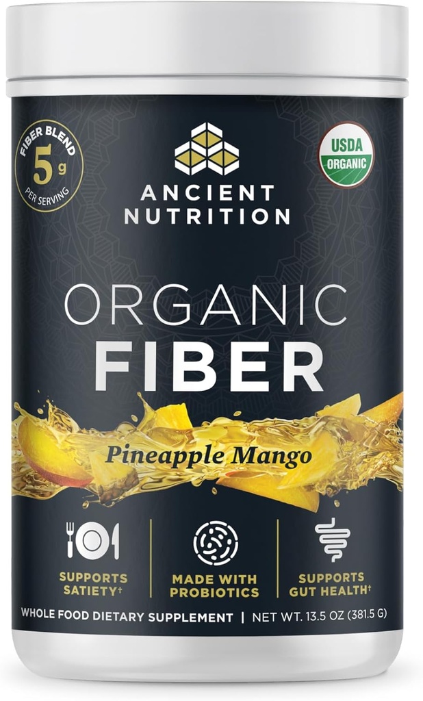 Ancient Nutrition Organic Fiber Powder, Pineapple Mango, Soluble Fiber from Acacia & Konjac Root, Supports Digestive Health, Reduces Bloating, 13.5 oz