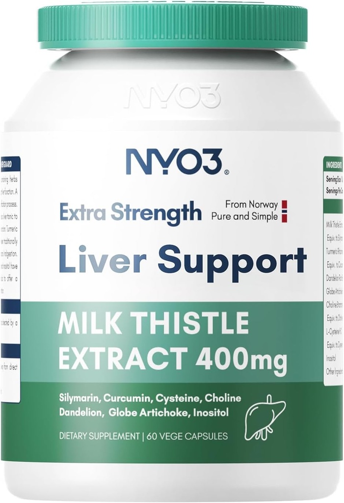 NYO3 Milk Thistle Liver Detox Supplement 400mg with Dandelion Root & Artichoke Silymarin, 60 Capsules Liver Cleanse Liver Support Herbal Health Supplement, Antioxidant Support