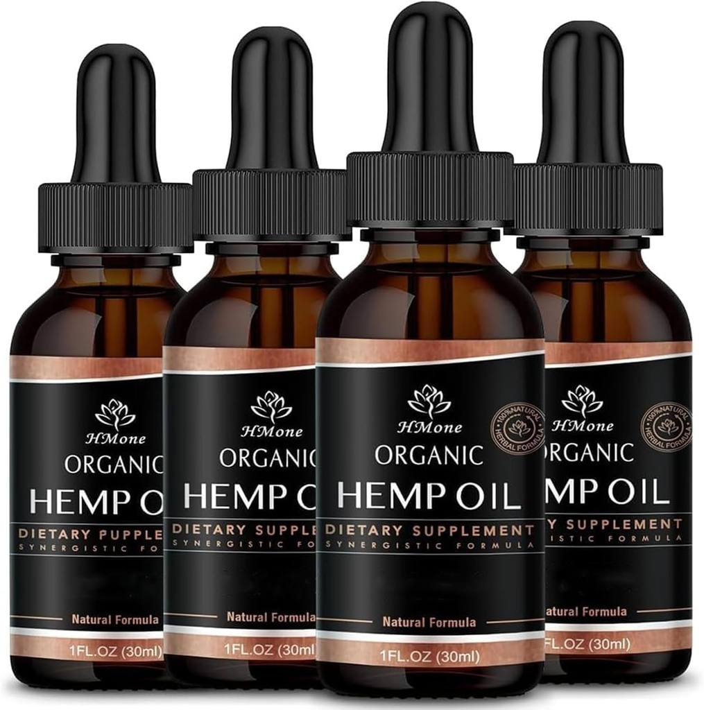 Hemp Oil -4 Packs Maximum Strength - Pure & CO2 Extract Drops - 100% Natural Organic, Vegan, Non-GMO Free