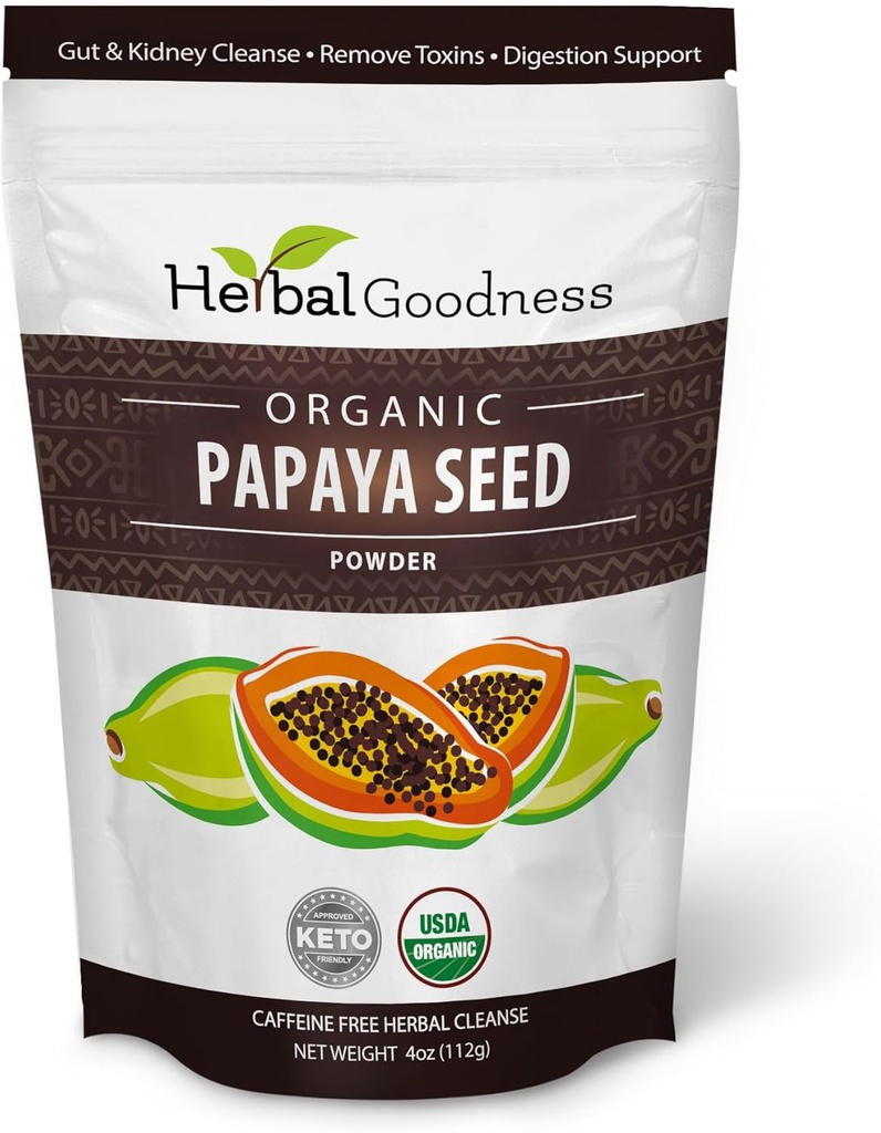 Herbal Goodness Papaya Seed Powder 4oz - Digestive Enzymes & Gut Health Support | Gluten Free, Detox & Colon Cleanse Papaya Powder | USDA Organic, Non-GMO, Vegan Friendly - 1 Pack