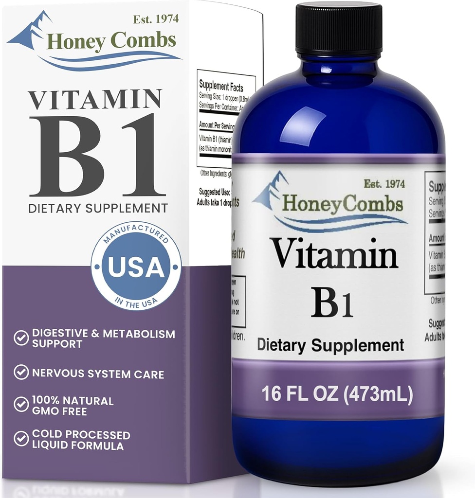 HoneyCombs Vitamin B1 Supplement (Thiamine) Liquid Drops - High Potency Thiamine B1 Supplement for Men & Women - Maintain Nervous System, Energy & Overall Health - Vegan Liquid B Vitamins (16 Fl oz)
