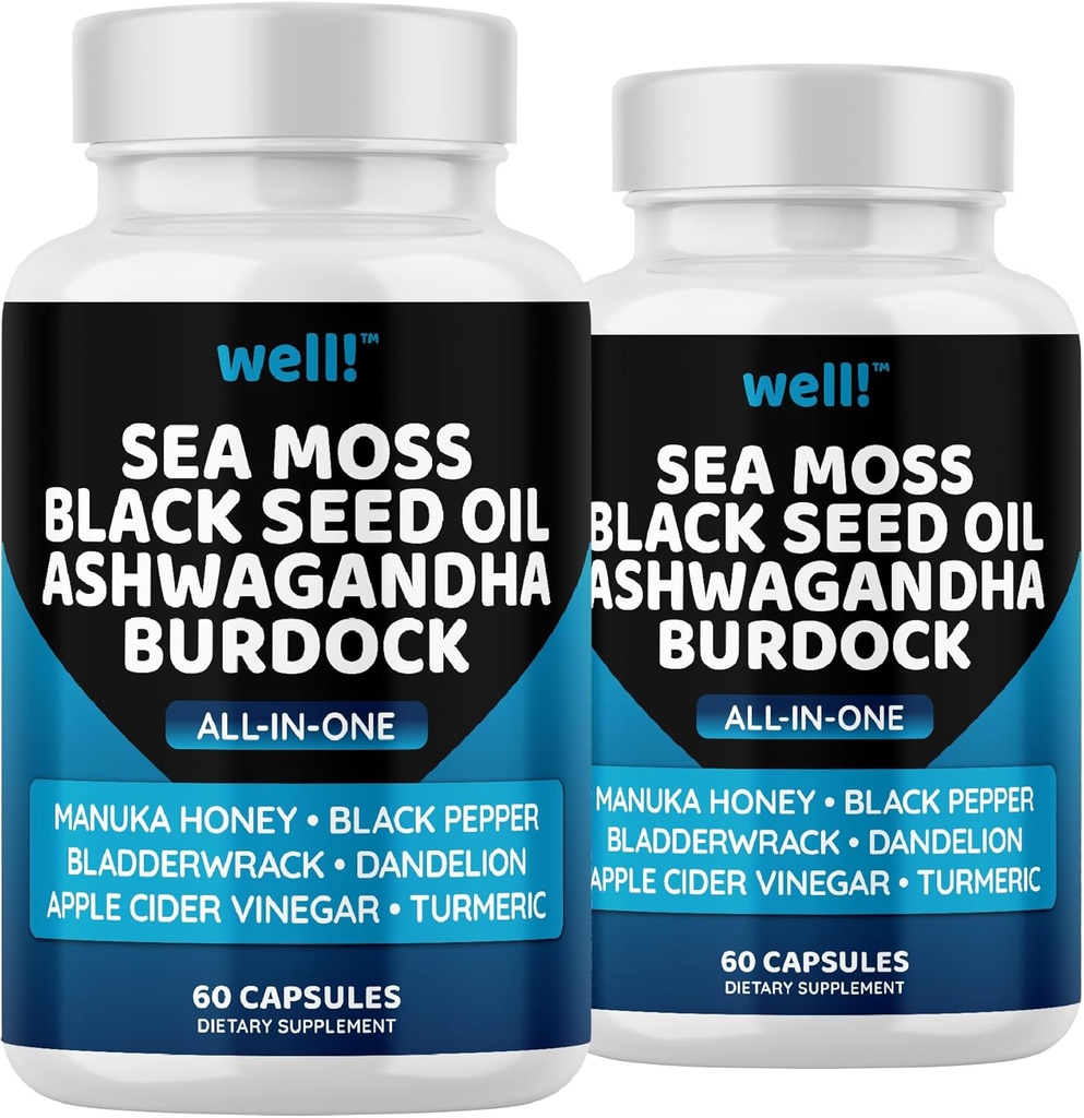 Sea Moss 3000, Black Seed Oil 2000, Ashwagandha 1000, Bladderwrack, Maca, Turmeric - Manuka Honey, Dandelion & Black Pepper, Super Antioxidants Supplement -120