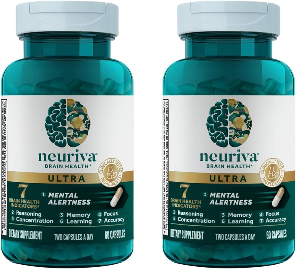 NEURIVA Ultra Brain Supplement for Mental Alertness, Memory, Focus & Concentration with Clinically Tested Cognivive, Neurofactor, Phosphatidylserine, Vitamins B6 & B12, 60 Count Capsules (2 Pack)