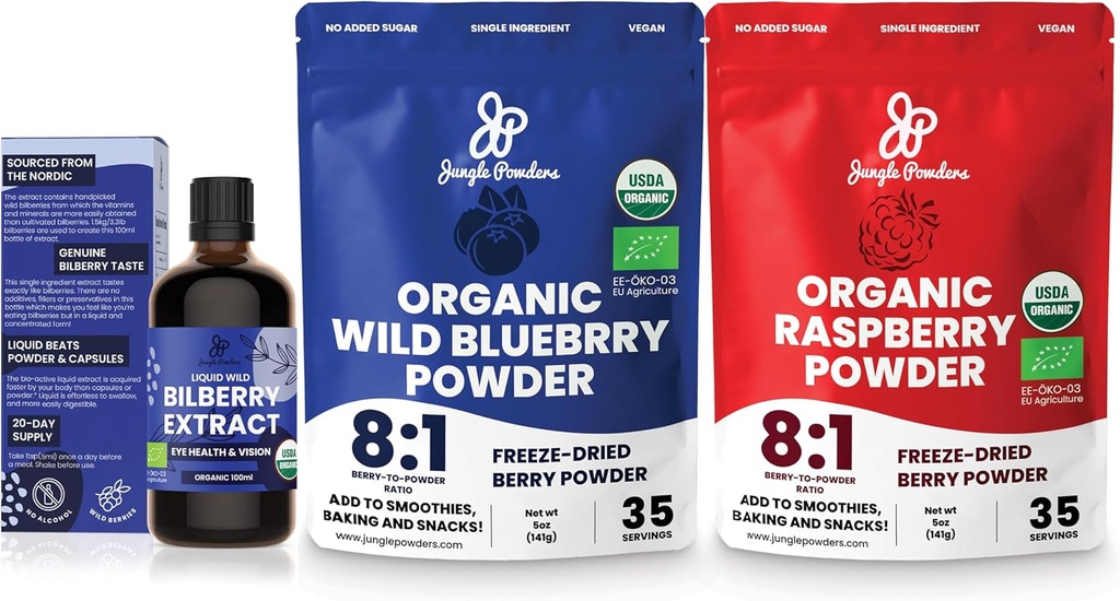 Jungle Powders Wild Bilberry Extract Organic Blueberry Powder USDA Organic Raspberry Powder Bundle Blueberries Raspberries Powdered Whole Berry for Baking Bilberry Supplement for Eyes