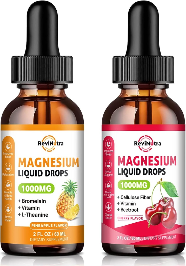(2 Pack) Magnesium Glycinate Liquid Drop for Sleep, Nerve, Energy, Muscle Sugar-Free Pineapple & Cherry Flavor