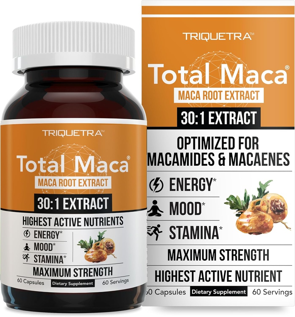 Total Maca | Maca Root Extract – 30:1 Extract, Max Potency | Optimized for Active Nutrients Macamides + Macaenes (13,000 mcg Per Serving) Maca Root Capsules for Women & Men (60 Capsules)