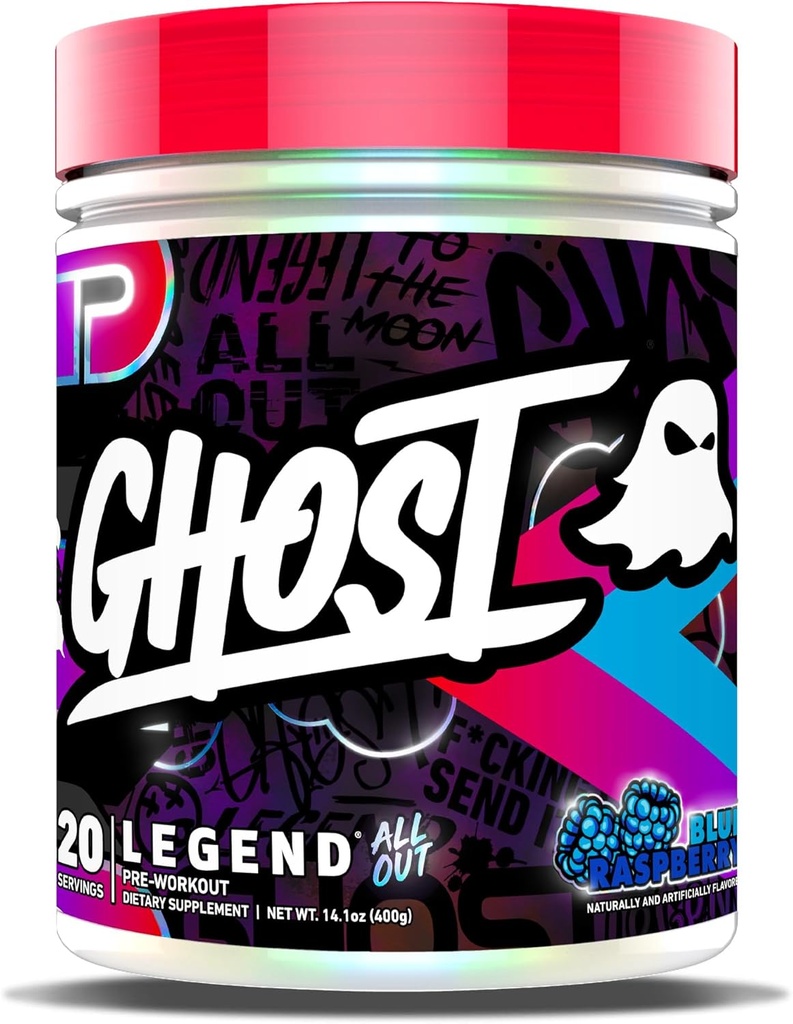 GHOST Legend All Out Pre-Workout Powder, Blue Raspberry - 20 Servings - Pre-Workout Supplement for Men & Women - Energy & Pumps - Caffeine, L-Citrulline, & Beta Alanine Blend - Sugar Free