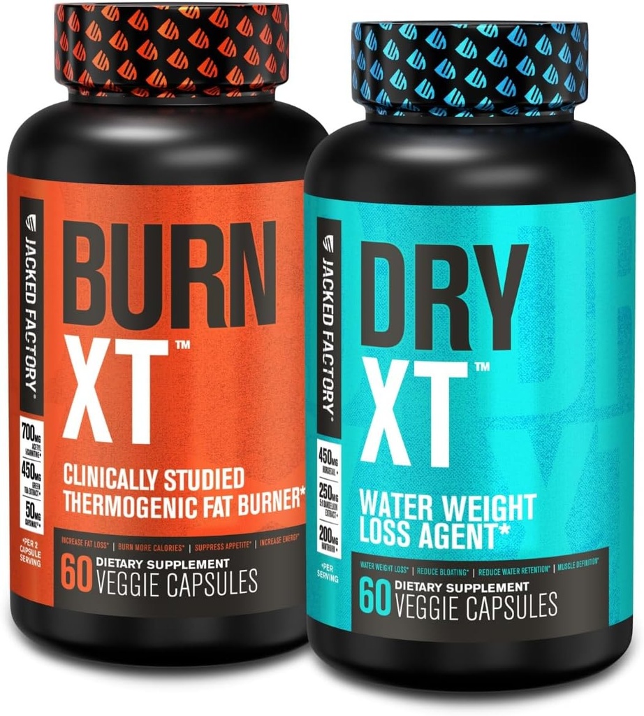 Jacked Factory Burn-XT Thermogenic Fat Burner - Weight Loss Supplement & Appetite Suppressant - 60 Capsules & Dry-XT Water Weight Loss Diuretic Pills - 60 Count (Pack of 2)