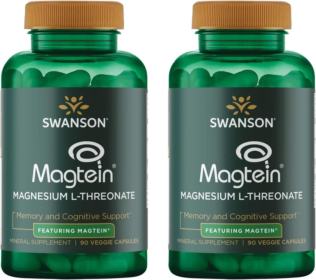 Swanson Magnesium L-Threonate - Mineral Supplement Promoting Nervous System Health - May Support Cognitive Health, Learning & Memory - (90 Veggie Capsules) (2 Pack)