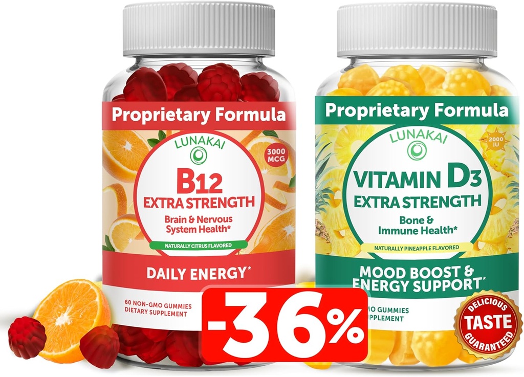 Lunakai Vitamin D3 and Vitamin B12 Gummies Bundle - Immunity, Bone and Mood Support VIT D3 2000IU Supplement - 3000mcg Methylcobalamin High Absorption Energy Gummy