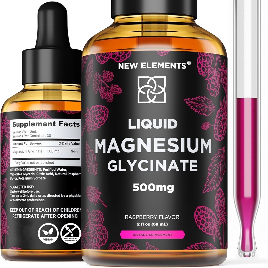 Liquid Magnesium Glycinate Supplement 500mg for Adults and Kids | Magnesium Glycinate Drops with Delicious Raspberry Flavor | High Absorption | Non-GMO | Gluten Free | Natural & Vegan