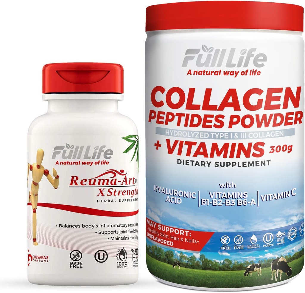 Full Life Reuma-Art X Strength and Collagen Peptides Powder - Joint Support Supplement - Hydrolyzed Collagen Powder 300g - Kosher, Gluten-Free