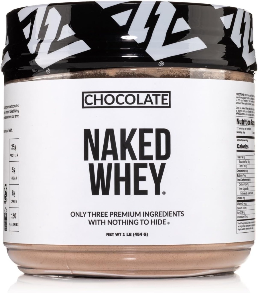 NAKED Chocolate Whey 1LB - All Natural Grass Fed Whey Protein Powder, Organic Cacao, and Coconut Sugar - No GMO, No Soy, and Gluten Free, Aid Growth and Recovery - 12 Servings
