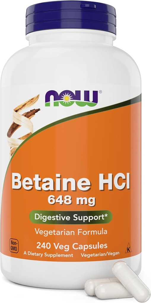 Now Betaine HCl 648mg 240 Veg Capsules (Pack of 2) - Digestive Enzymes Supplement - Enhanced with Pepsin Protease for Protein Digestion Support