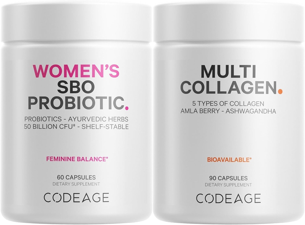 Codeage Multi Collagen Protein Capsules & Probiotics for Women Bundle | Multi Collagen Pills, Collagen Types I, II, II, V & X, 90 Count | Prebiotics & Probiotics for Women - Soy & Dairy Free, 60 Count