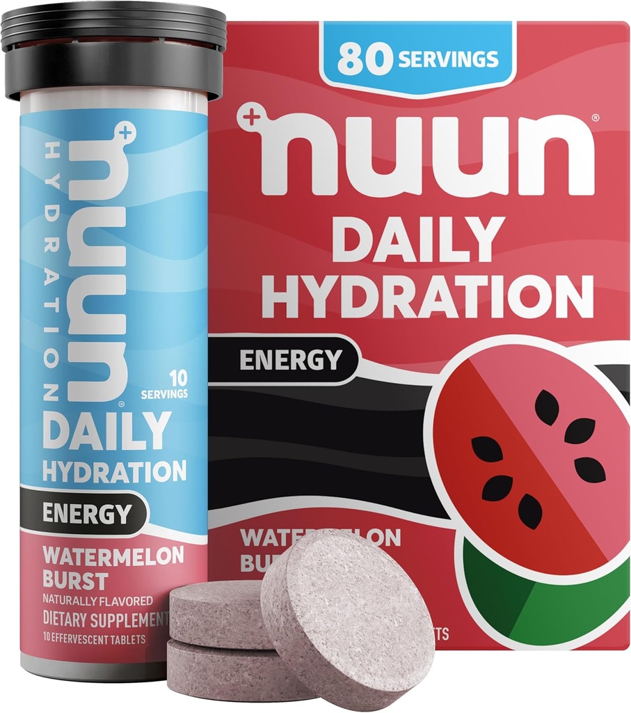 Nuun Energy Electrolyte Tablets with Ginseng, Caffeine from Green Tea Extract, Vitamin B12, B6, B5, Magnesium & 4 Other Electrolytes, Gluten Free & Vegan, Watermelon Burst, 8 Pack (80 Servings Total)