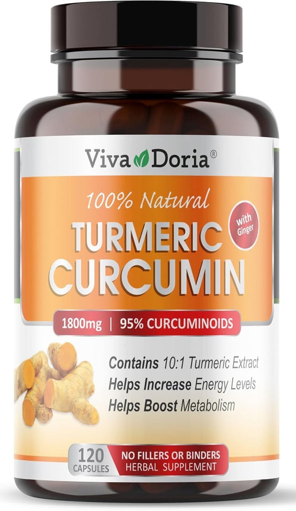 Viva Doria Turmeric Curcumin with Ginger, 95% Standardized Curcuminoids, Turmeric Herbal Extract, 1800mg, 120 Capsules