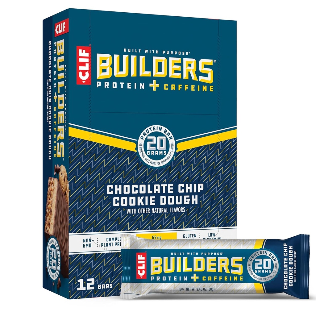 CLIF BUILDERS + Caffeine Protein Bars - Chocolate Chip Cookie Dough Flavor - 20g Plant Based Protein - Gluten Free - Non-GMO - Low Glycemic - No Artificial Sweeteners - 2.4 oz. (12 Pack)