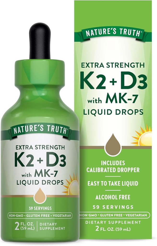 Nature's Truth Vitamin D3 K2 Liquid Drops | with MK-7 | 2 Fl Oz | Vegetarian, Non-GMO & Gluten Free Supplement | Essential Support