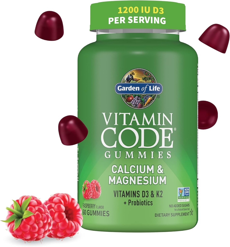 Garden of Life Vitamin Code Calcium Magnesium Gummies with D3 & K2, Supports Bone Health & Bone Strength + Prebiotics & Probiotics for Digestive Support, Non-GMO, Gluten-Free, 60 Raspberry Gummies