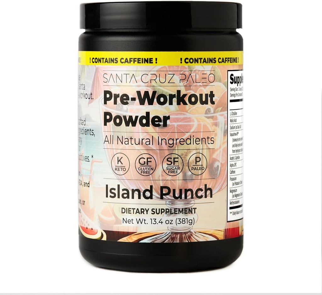 Santa Cruz Paleo Natural Pre Workout Powder, Island Punch, Keto Preworkout Electrolytes with Magnesium, Potassium, L-Citrulline, 150mg Caffeine, Sugar-Free Drink Mix for Energy & Hydration,30 Servings