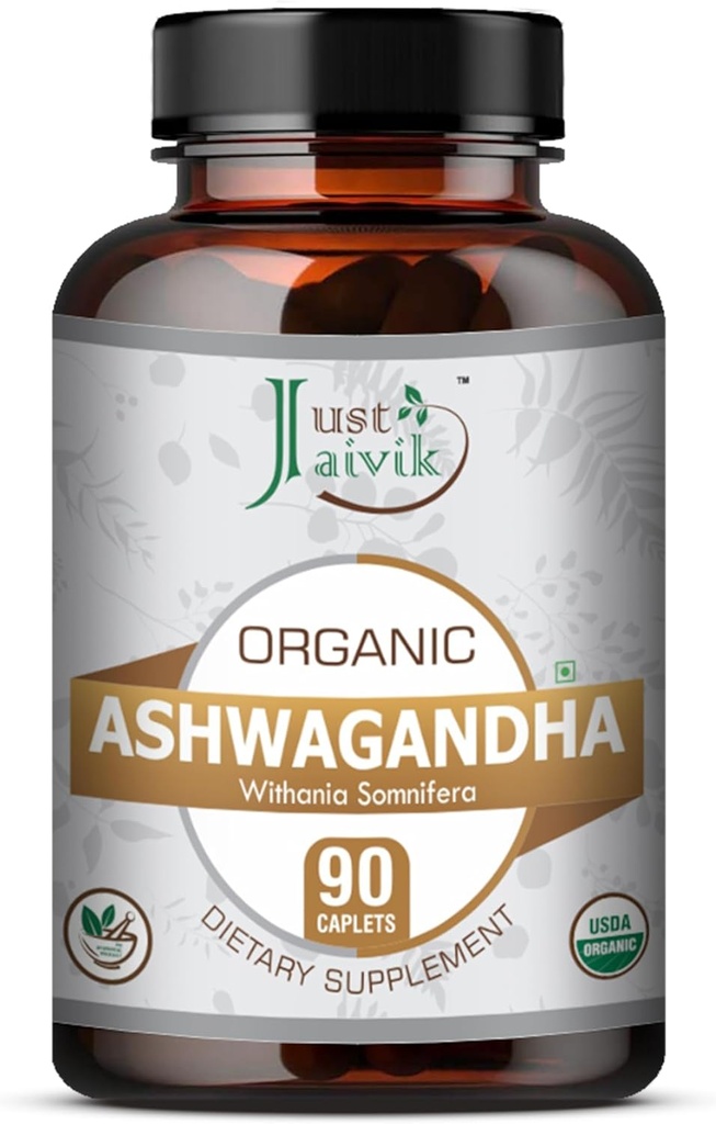 Just Jaivik Organic Ashwagandha Tablets - A Dietary Supplements - 750 mg (Pack 90 Organic Tablets) | for General Wellness | Ayurvedic Adaptogen
