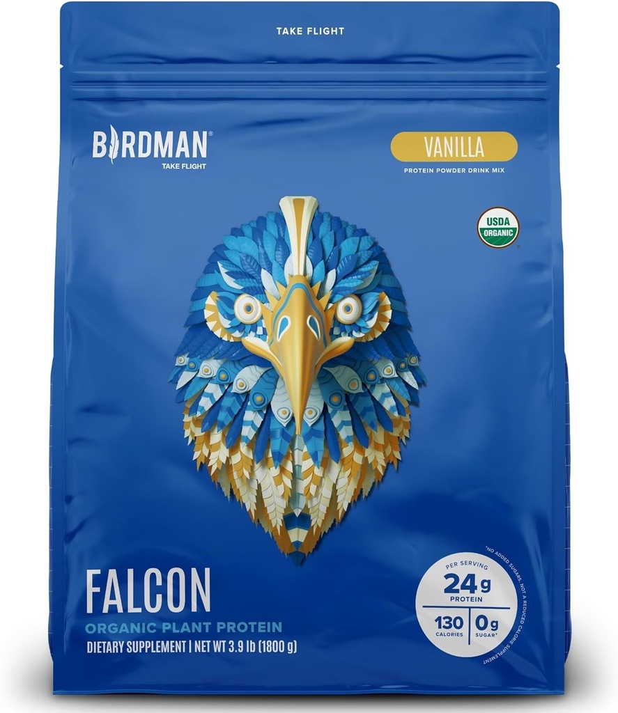 BIRDMAN Falcon Vegan Protein Powder Organic, Stevia & Sugar Free, Plant Based Protein, Low Carb, Dairy Free, Keto, Non Whey Protein, Probiotic, Pea Protein | Vanilla Flavor - 60 Servings - 3.9 lb