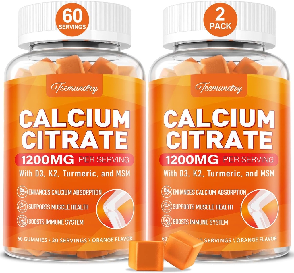 Calcium 1200 mg with Vitamin D3 Supplement Gummies for Adults: Ultimate Absorption Calcium Citrate with Vitamin D3 K2, Turmeric Extract, MSM for Women Men