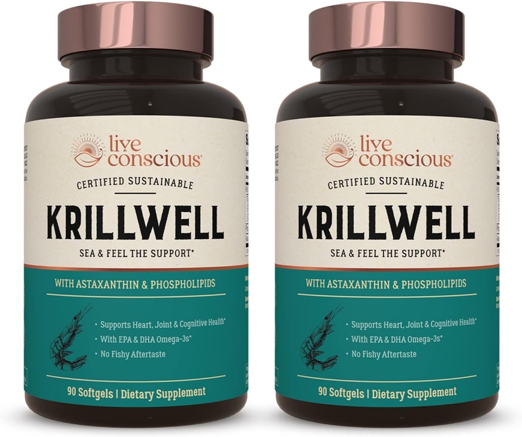 Live Conscious KrillWell, Joint, and Cognitive Support | Certified Sustainable Krill Oil 2X More Effective Than Fish Oil - (Pack of 2)
