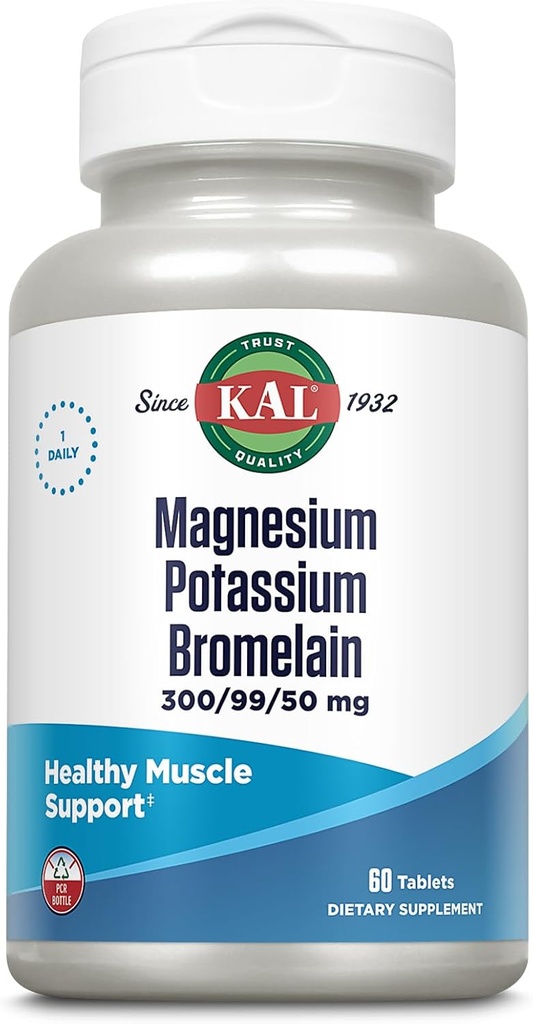 KAL Magnesium Potassium Bromelain, Magnesium Complex for Bone, Heart Health, Muscle Support w/Magnesium Citrate, Magnesium Malate, Potassium Citrate, Vegetarian, 60-Day Guarantee, 60 Serv, 60 Tablets