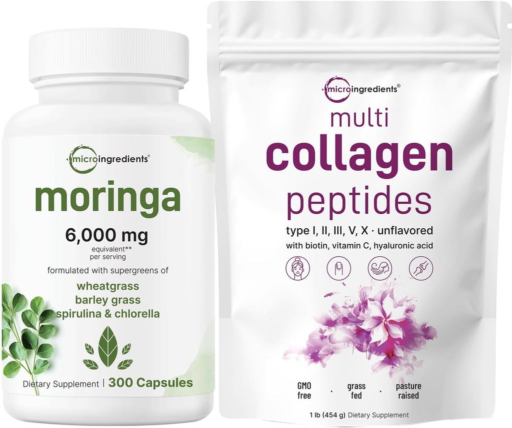Micro Ingredients Multi Collagen Protein Powder 16oz & Moringa Oleifera 6,000mg Equivalent 300 Capsules Bundle 2 Pack | Grass-Fed Collagen Peptides | Antioxidant Supplement