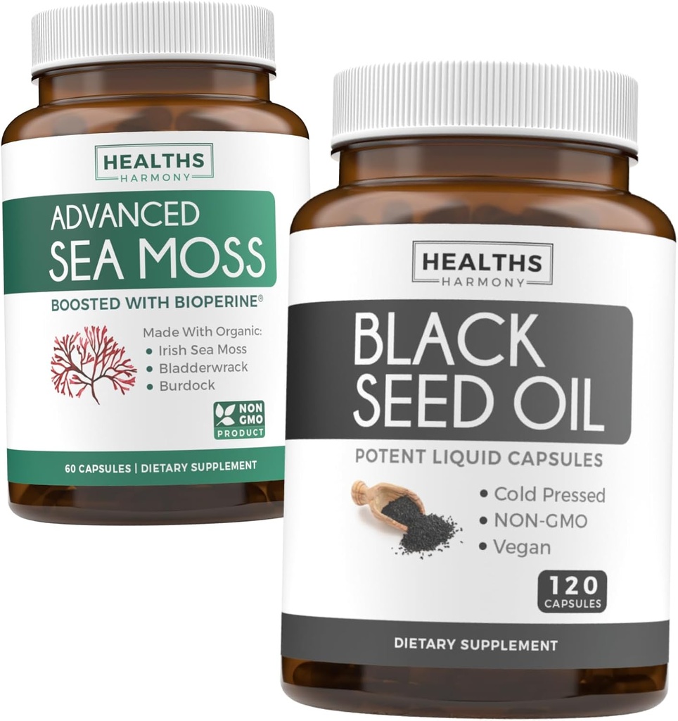 Black Seed & Sea Moss (1-Month Supply) Nourishing Nature Bundle of Black Seed Oil 120 Softgel Capsules (Non-GMO & Vegan) Cold-Pressed Nigella Sativa & Irish Sea Moss Capsules (Non-GMO & Organic)