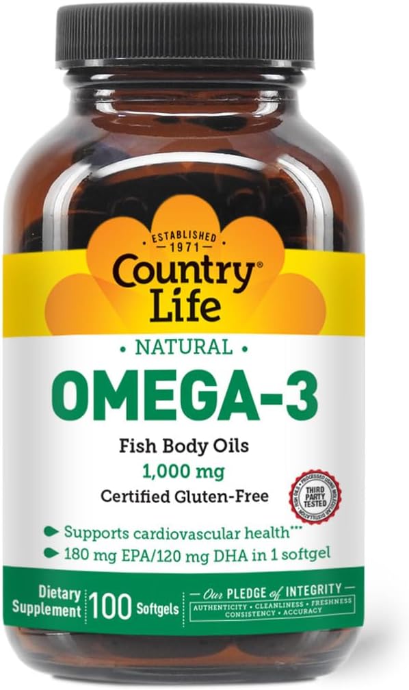Country Life Omega-3 Fish Oil Supplement, 1000mg, 180mg EPA & 120mg DHA, Fish Oil Concentrate, Burpless, 100 Softgels, Certified Gluten Free