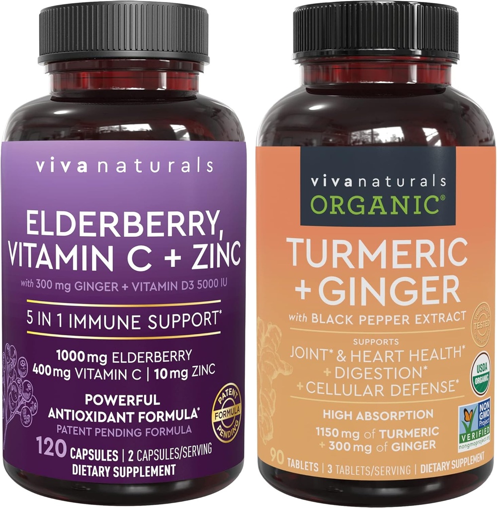 Viva Naturals Organic Turmeric Curcumin Supplement with Black Pepper and Ginger and Elderberry, Vitamin C, Zinc and Vitamin D3 5000 IU Bundle for Joint, Immune Support, Heart, Digestive Health