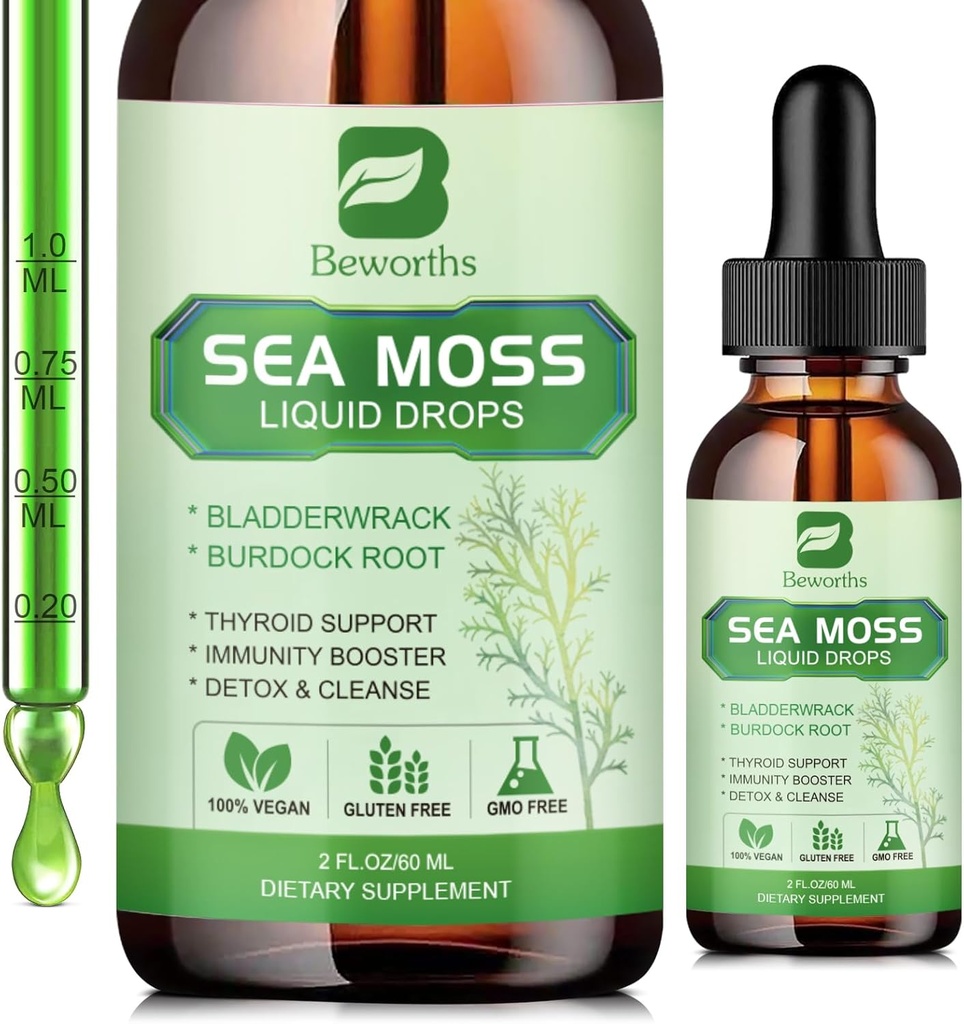 Sea Moss Liquid Drops - Organic Irish Sea Moss Gel with Spirulina, Bladderwrack, Burdock Root, Seamoss Gel Supplement for Joint, Detox Cleanse & Digestion Support - 2 Fl Oz, Vegan