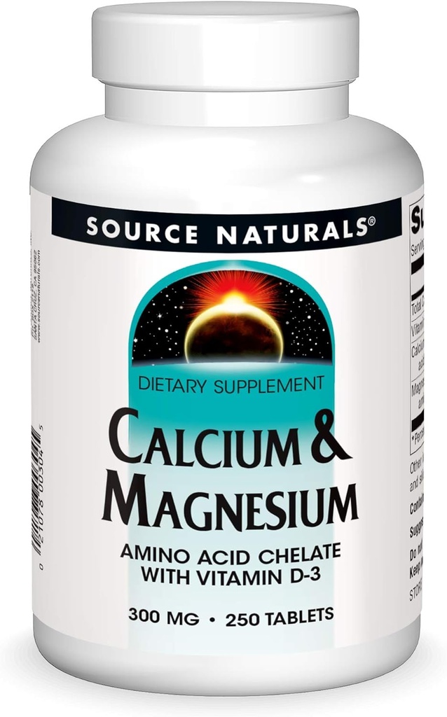 Source Naturals Calcium & Magnesium, Amino Acid Complex with Vitamin D-3, 300 MG - 250 Tablets
