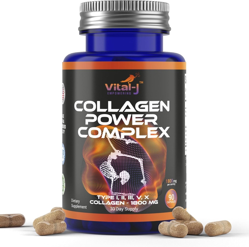 5-IN-1 Collagen Peptides 1800mg, 90 Capsules - Type I, II, III, V, X - Collagen Supplements Capsules for Women and Men - Hydrolyzed Protein, Healthy Hair, Skin, Nails and Joint support supplement