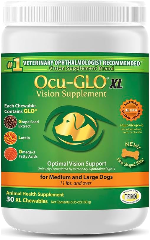 Ocu-GLO Cat & Dog for Eye Support - Chewable Vision Supplement for Large and Small Pets Care with Lutein, Omega-3 Fatty Acids, Grape Seed Extract & Antioxidants 30 XL Chewables