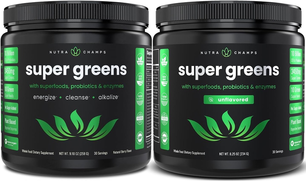 NutraChamps Super Greens Berry & Super Greens Unflavored Bundle - 2 Month Supply