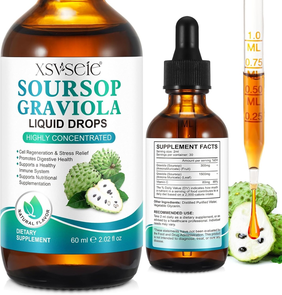 Soursop Graviola Liquid Drop, Soursop Oil for Support & Regeneration, Immune Boost, Relax, Liver and Sleep, Soursop Bitters Liquid, Vegan, Sugar & Gluten Free, Natural Flavor, for Men & Women-2 Fl Oz